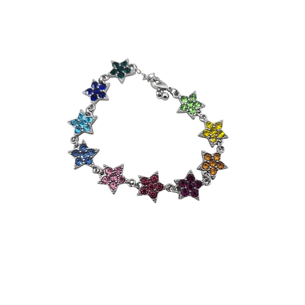 Bracelet Womens 7.5 Star Link Multicolor Rhinestone Silver Tone EUC
